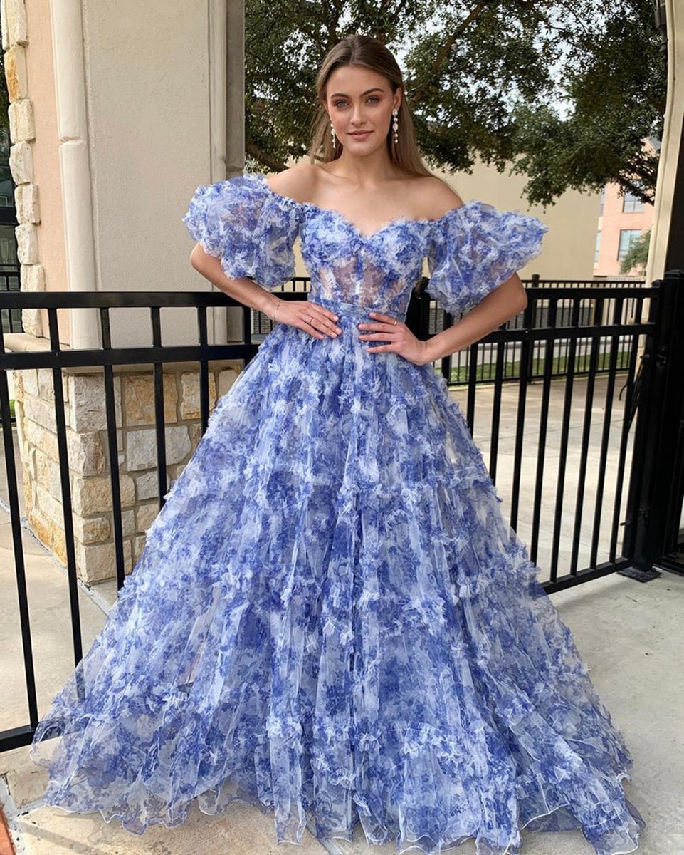A-line Off the Shoulder Floral Tulle Prom Dresses