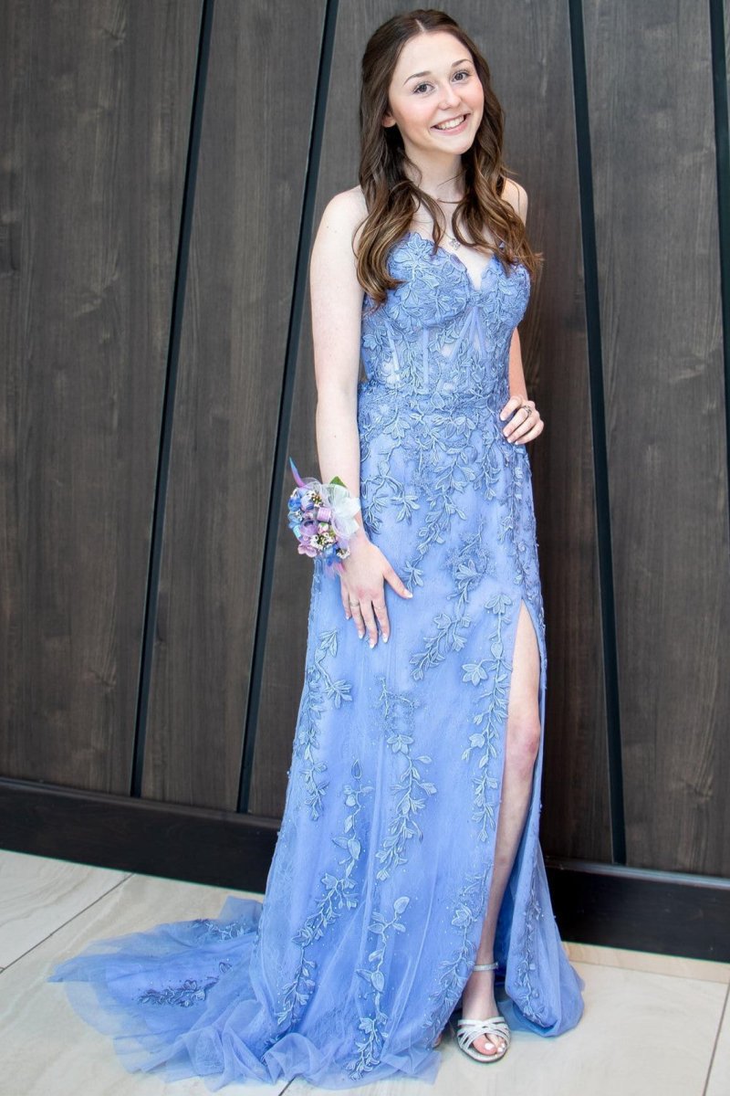 Mermaid Straps Slit Long Prom Dresses with Appliques