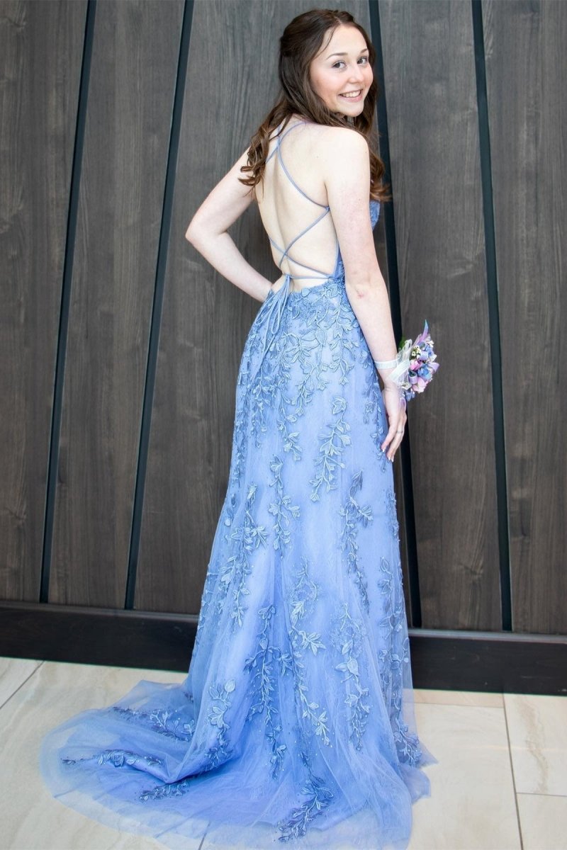 Mermaid Straps Slit Long Prom Dresses with Appliques