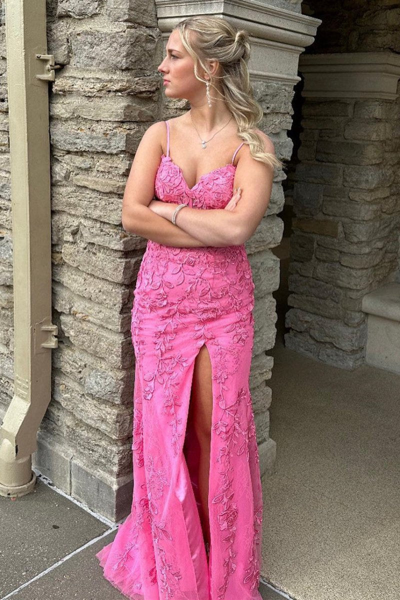 Mermaid Straps Slit Long Prom Dresses with Appliques