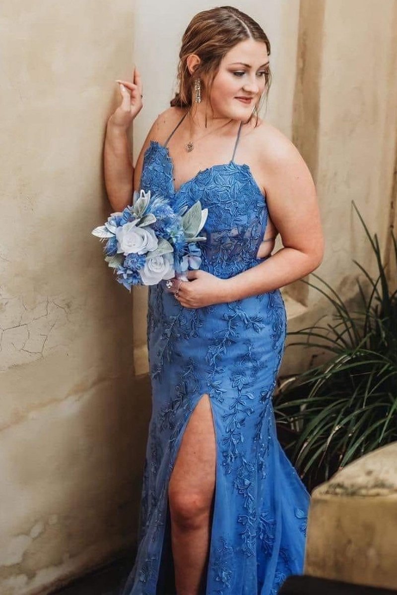 Mermaid Straps Slit Long Prom Dresses with Appliques