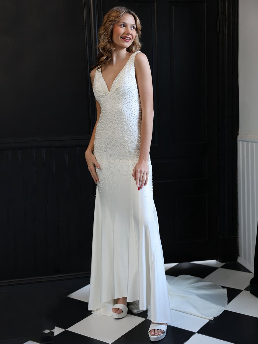 Mermaid Deep V-Neck Beaded Satin Long Prom Dresses