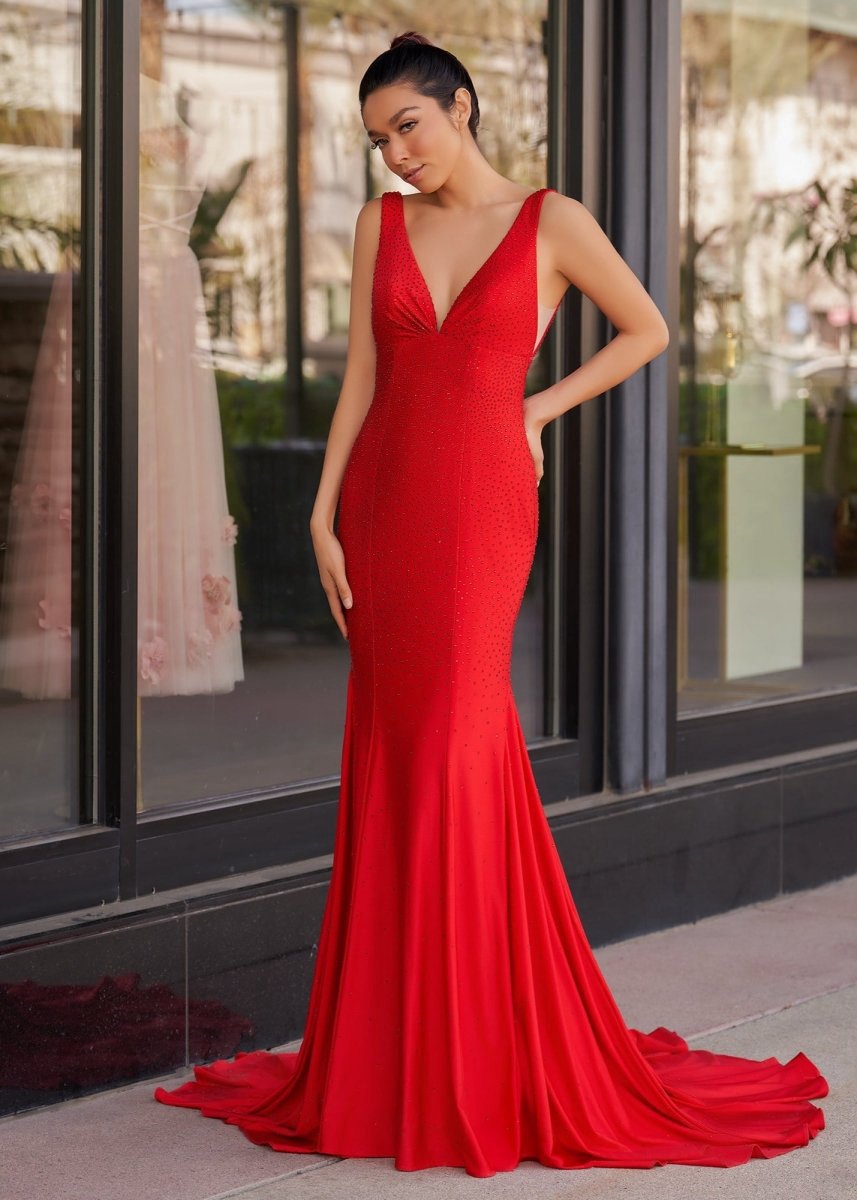 Mermaid Deep V-Neck Beaded Satin Long Prom Dresses
