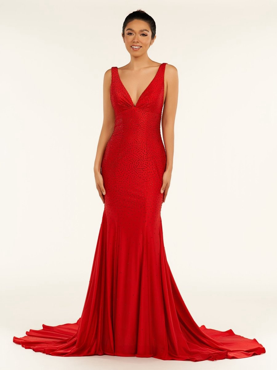 Mermaid Deep V-Neck Beaded Satin Long Prom Dresses