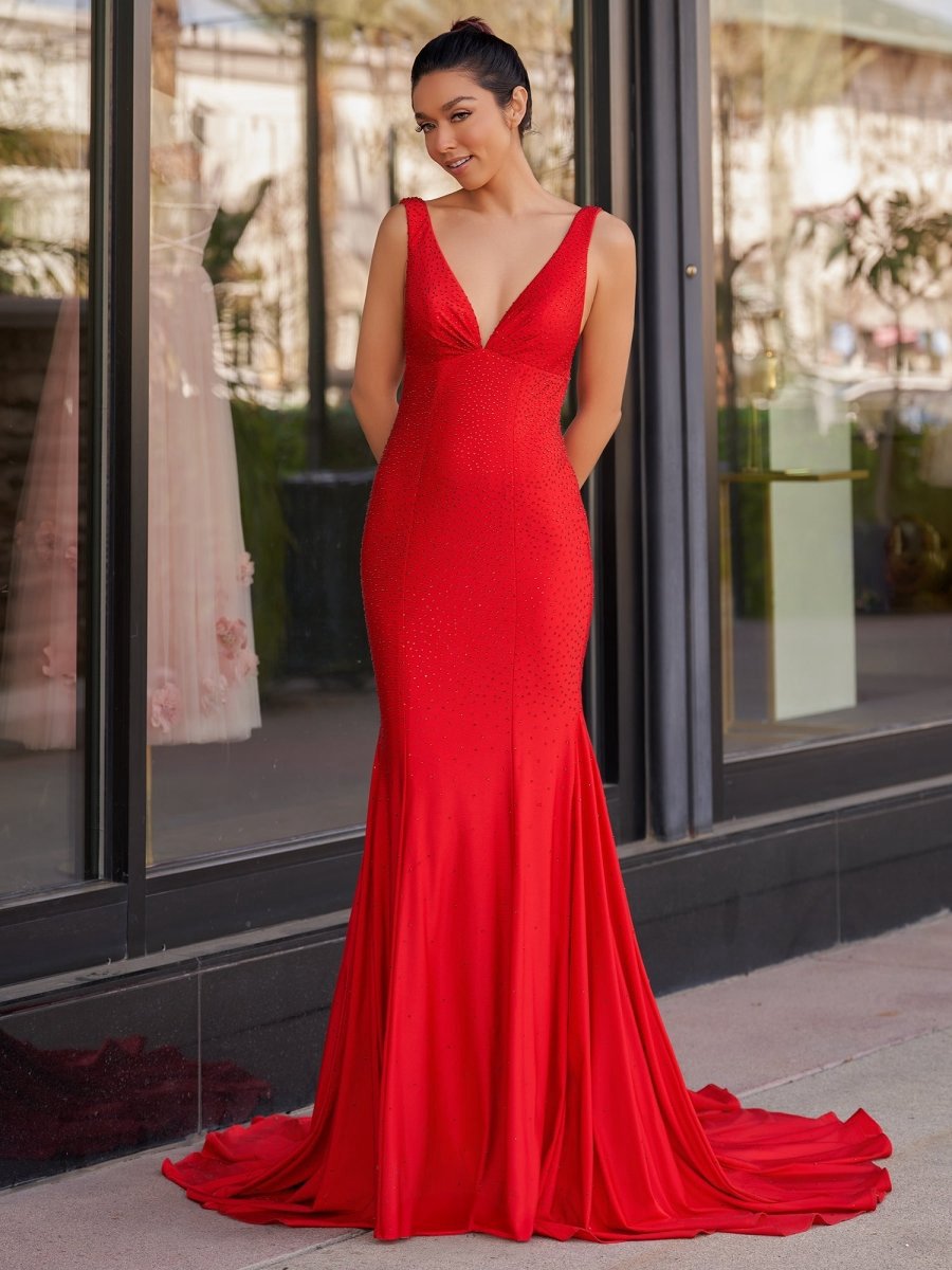 Mermaid Deep V-Neck Beaded Satin Long Prom Dresses