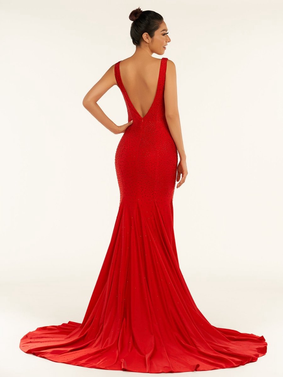 Mermaid Deep V-Neck Beaded Satin Long Prom Dresses
