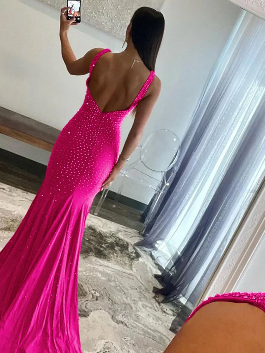 Mermaid Deep V-Neck Beaded Satin Long Prom Dresses