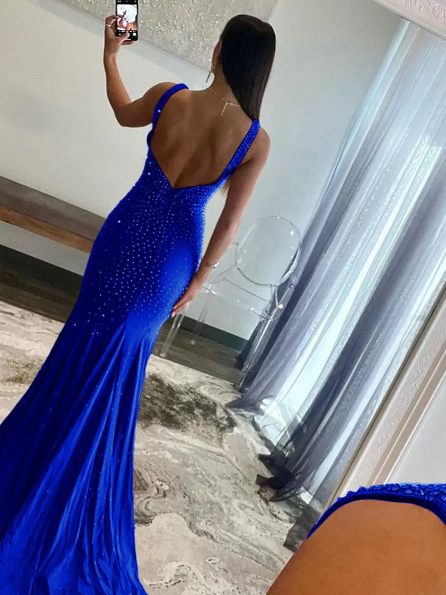 Mermaid Deep V-Neck Beaded Satin Long Prom Dresses