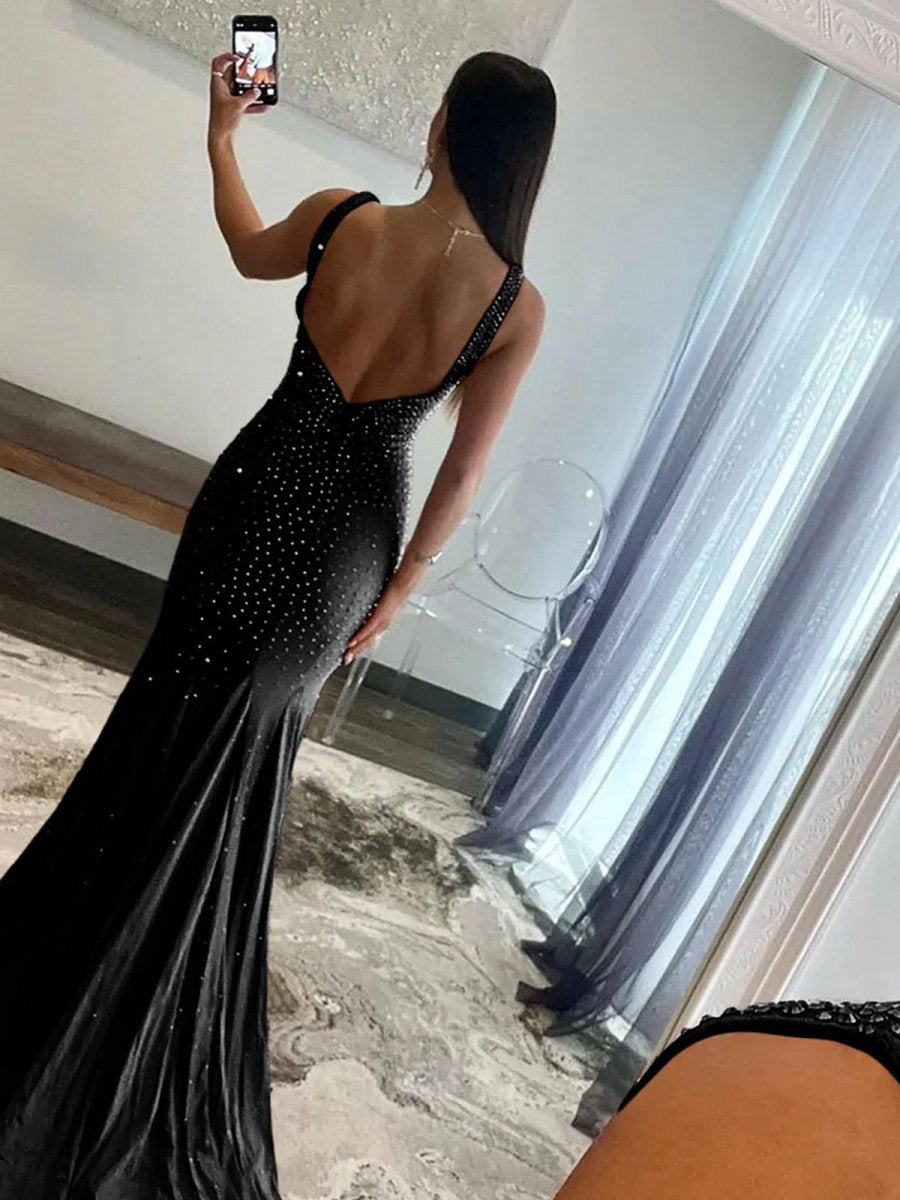 Mermaid Deep V-Neck Beaded Satin Long Prom Dresses