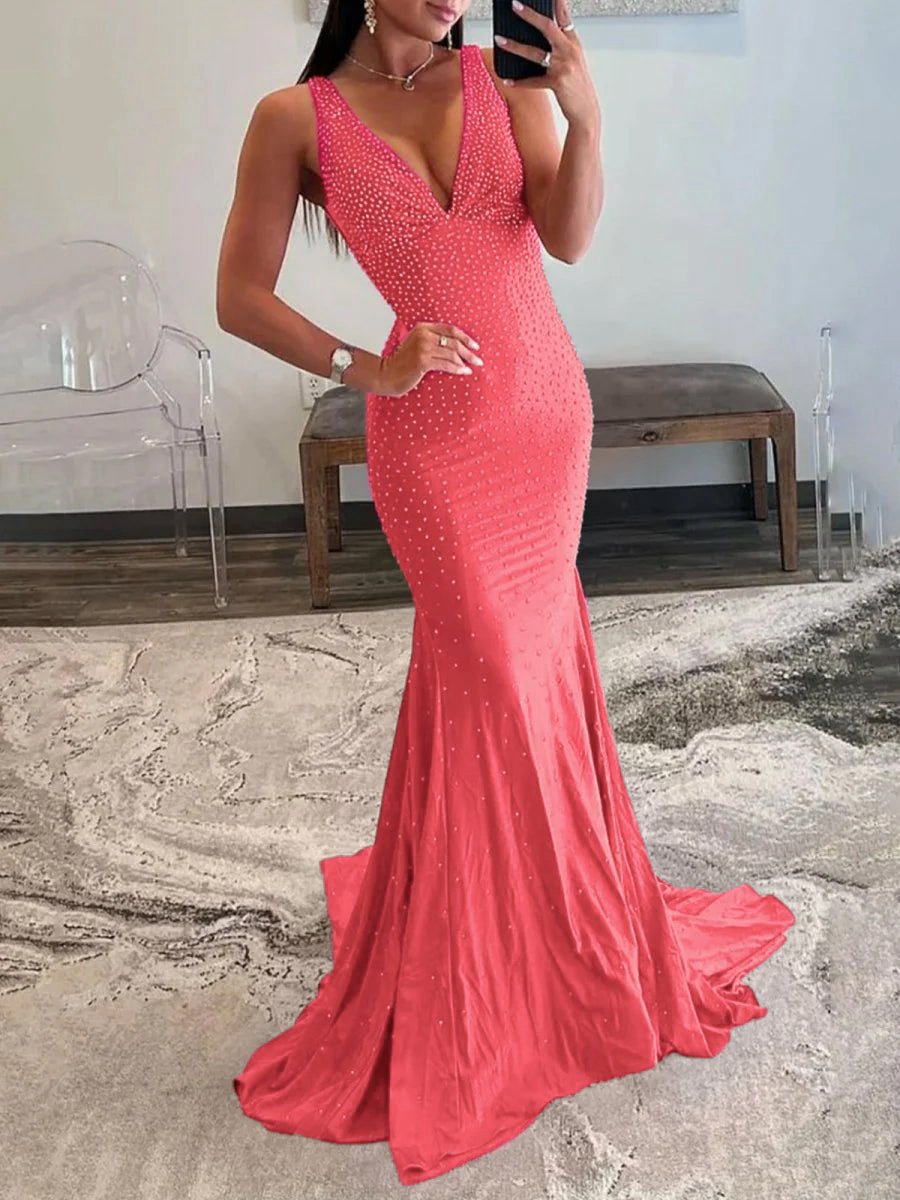 Mermaid Deep V-Neck Beaded Satin Long Prom Dresses