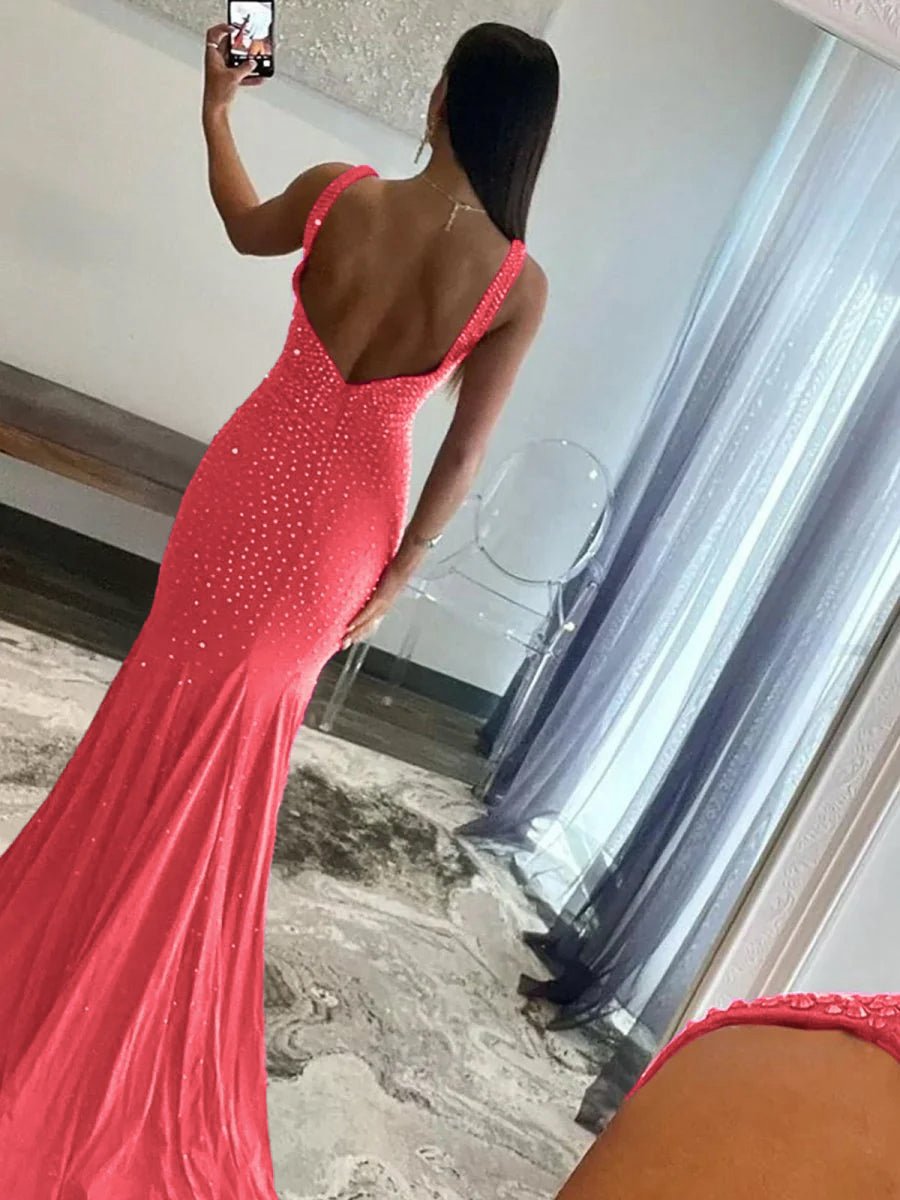 Mermaid Deep V-Neck Beaded Satin Long Prom Dresses