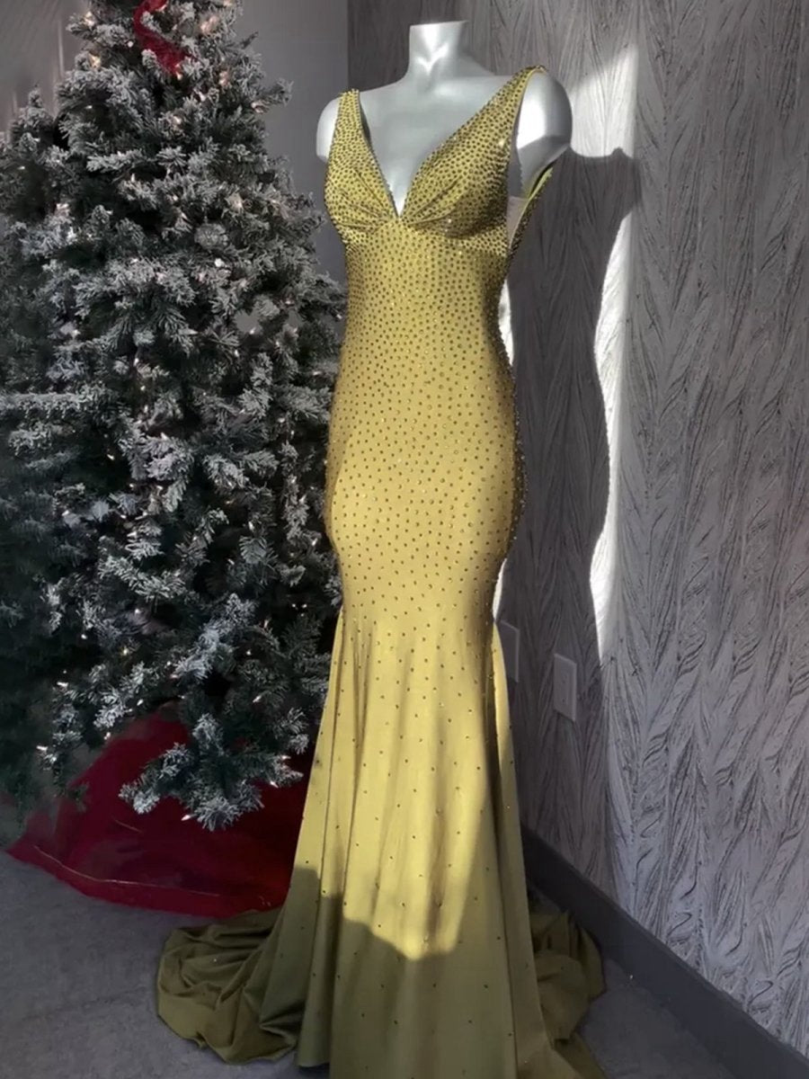 Mermaid Deep V-Neck Beaded Satin Long Prom Dresses