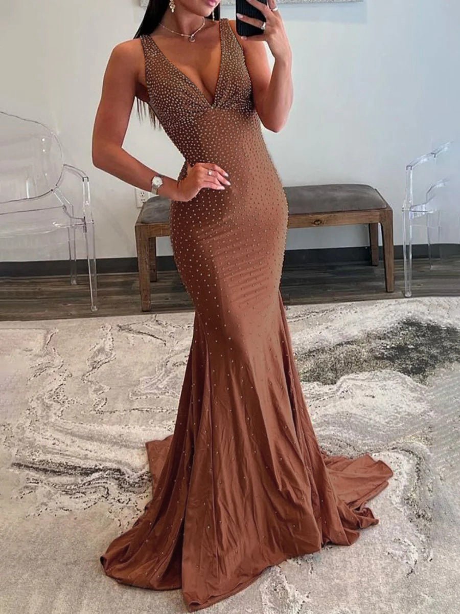 Mermaid Deep V-Neck Beaded Satin Long Prom Dresses
