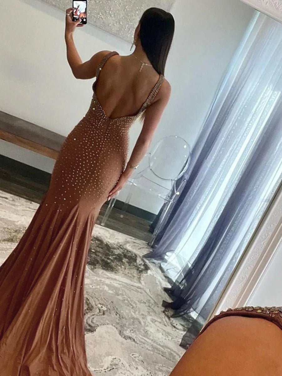 Mermaid Deep V-Neck Beaded Satin Long Prom Dresses