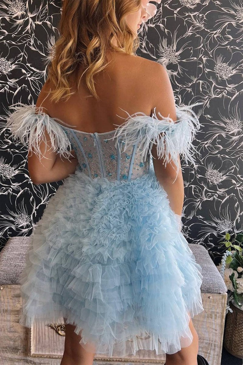 A-line Off the Shoulder Short Homecoming Dresses with Feather