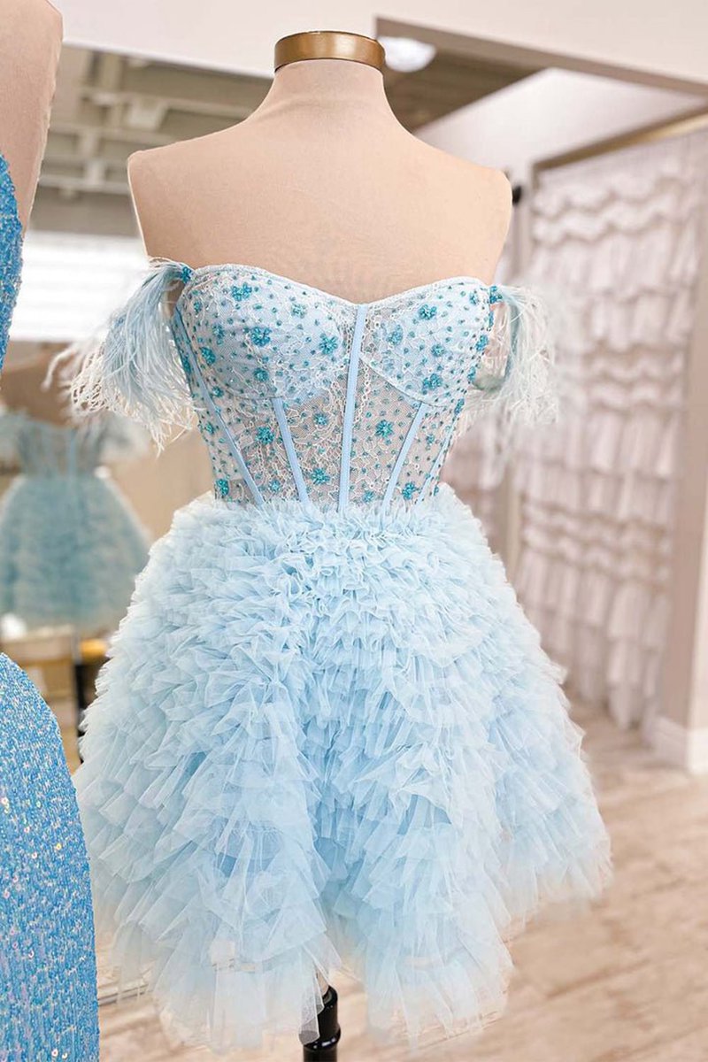 A-line Off the Shoulder Short Homecoming Dresses with Feather
