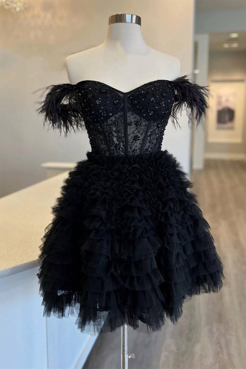 A-line Off the Shoulder Short Homecoming Dresses with Feather