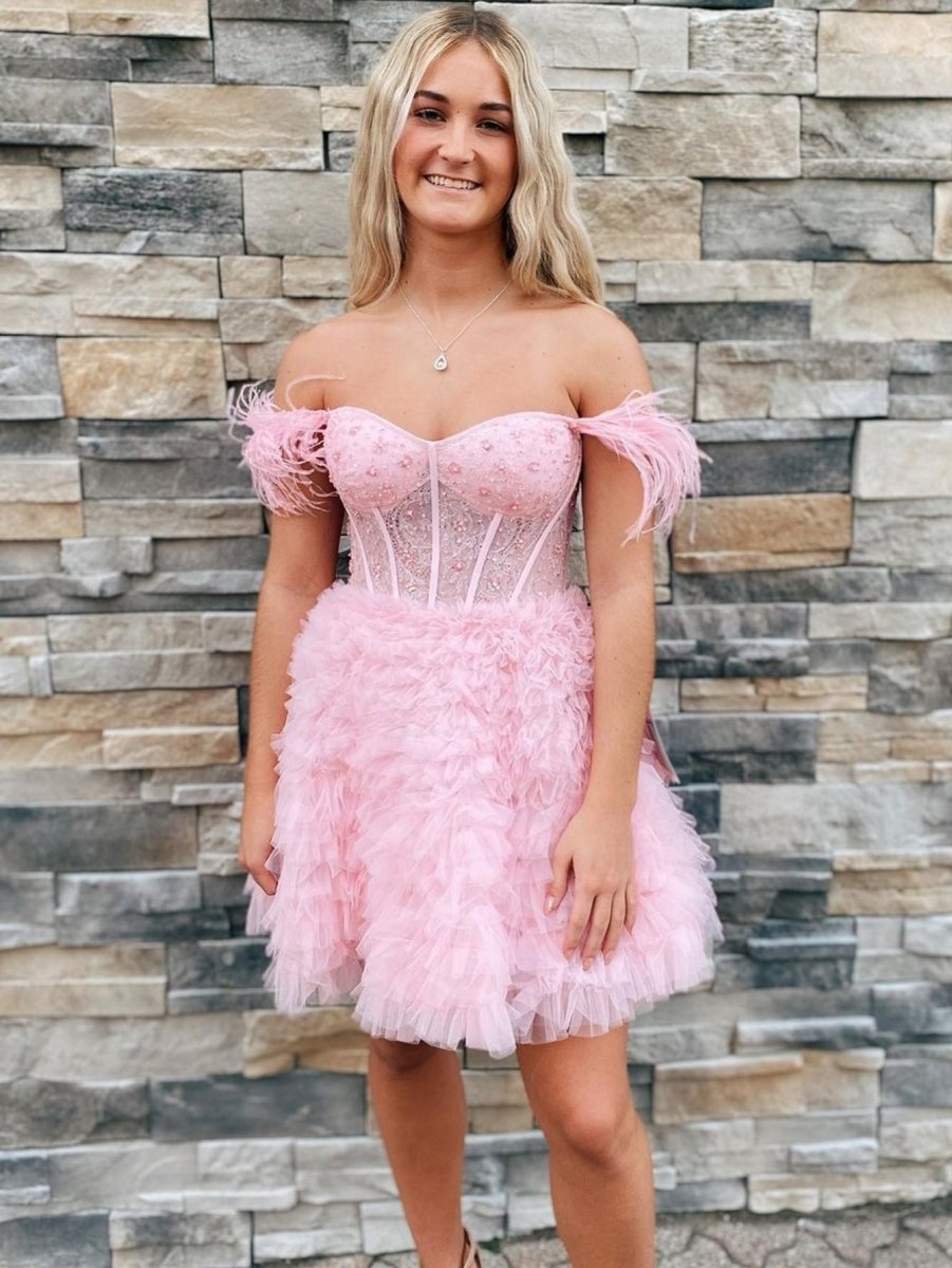A-line Off the Shoulder Short Homecoming Dresses with Feather