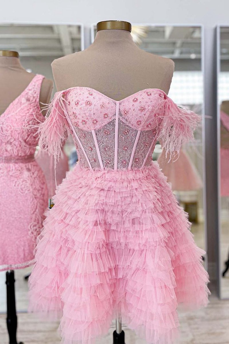 A-line Off the Shoulder Short Homecoming Dresses with Feather