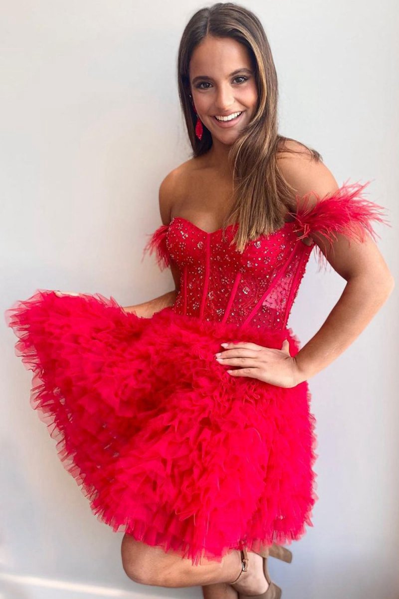 A-line Off the Shoulder Short Homecoming Dresses with Feather