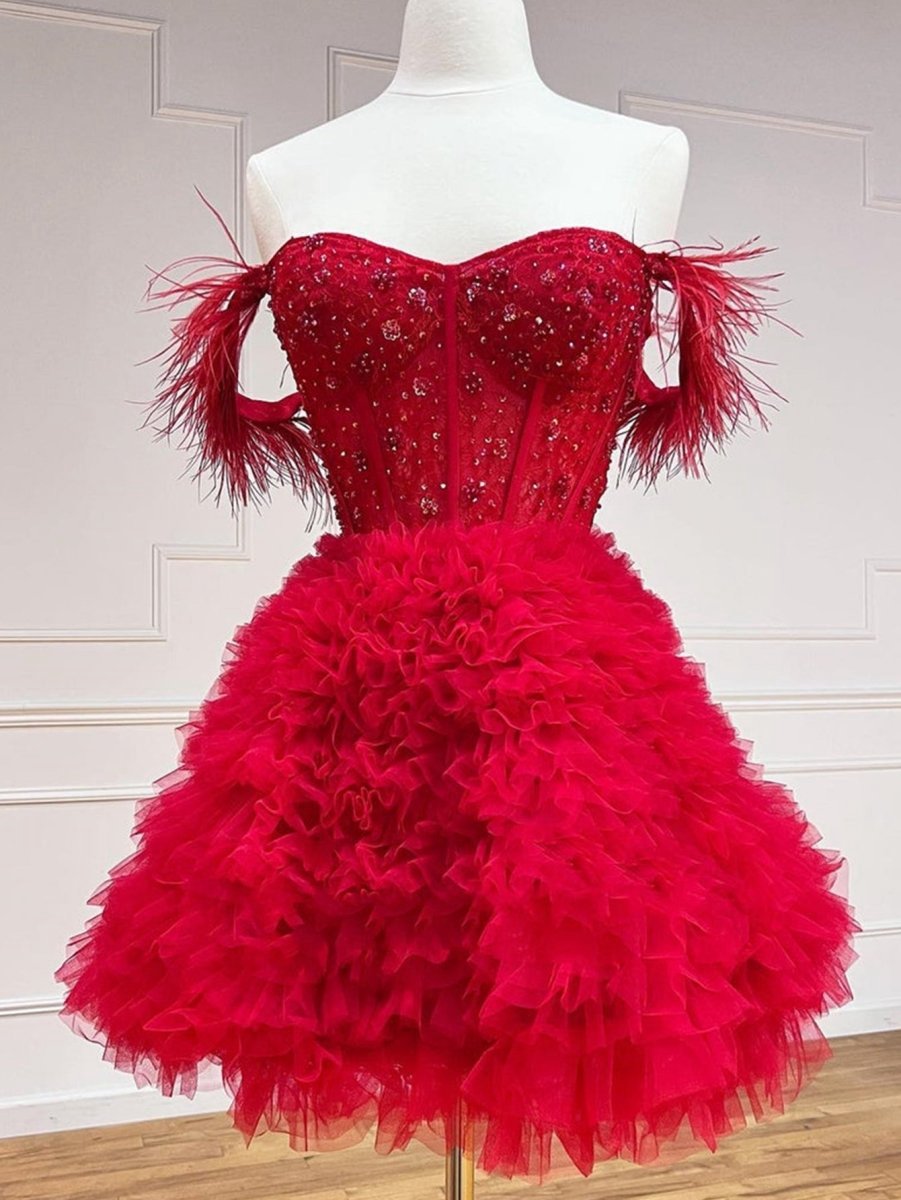 A-line Off the Shoulder Short Homecoming Dresses with Feather