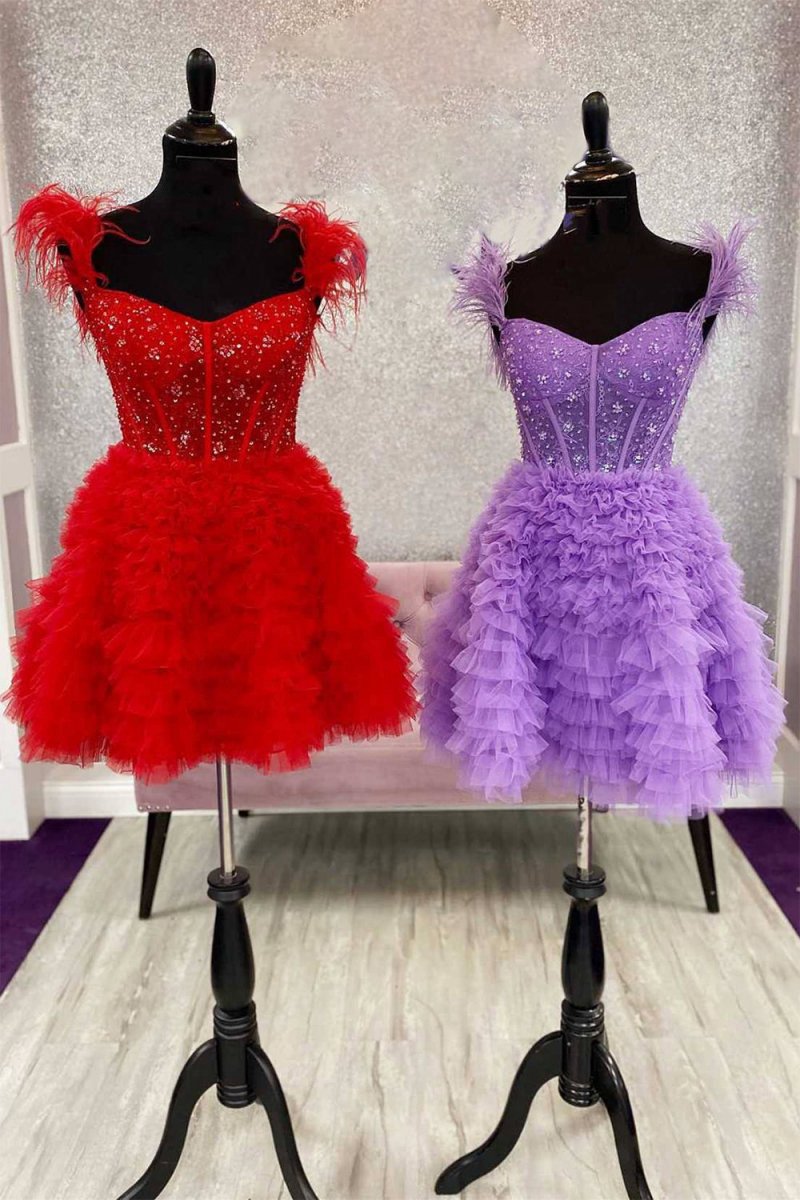 A-line Off the Shoulder Short Homecoming Dresses with Feather