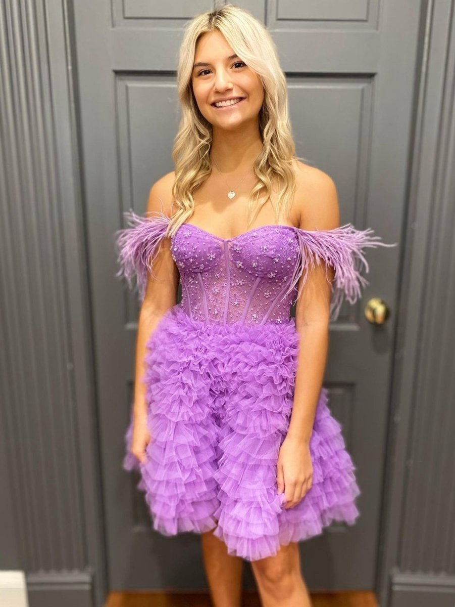 A-line Off the Shoulder Short Homecoming Dresses with Feather