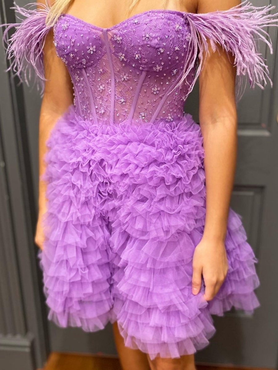 A-line Off the Shoulder Short Homecoming Dresses with Feather