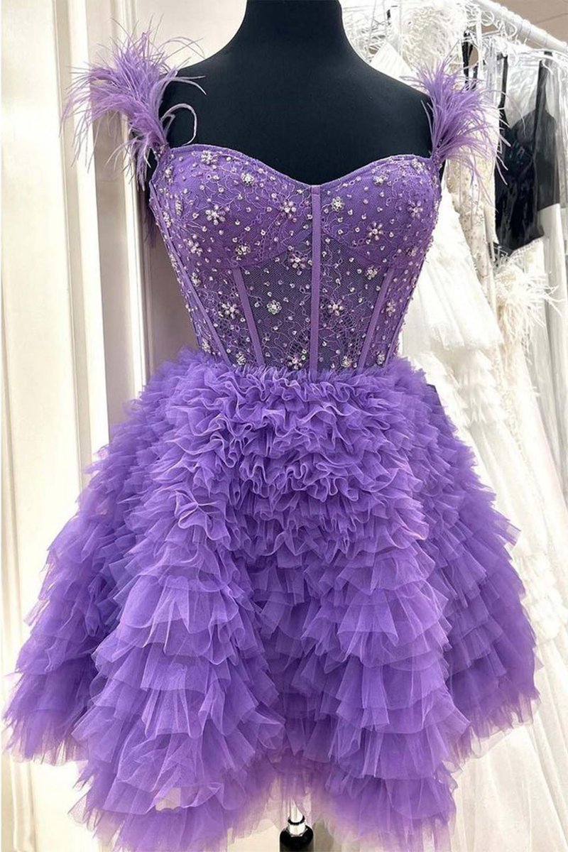 A-line Off the Shoulder Short Homecoming Dresses with Feather