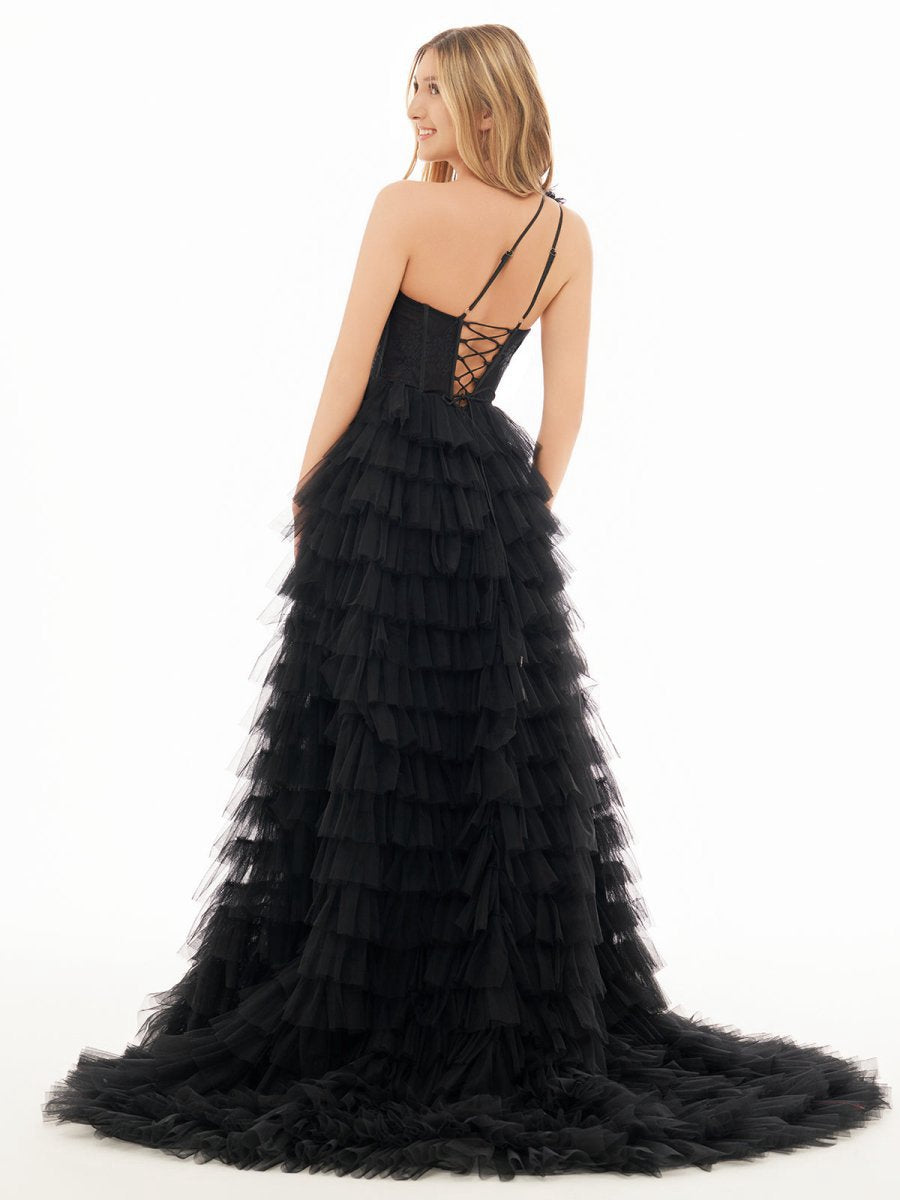 A-line One Shoulder Tie Long Prom Dresses