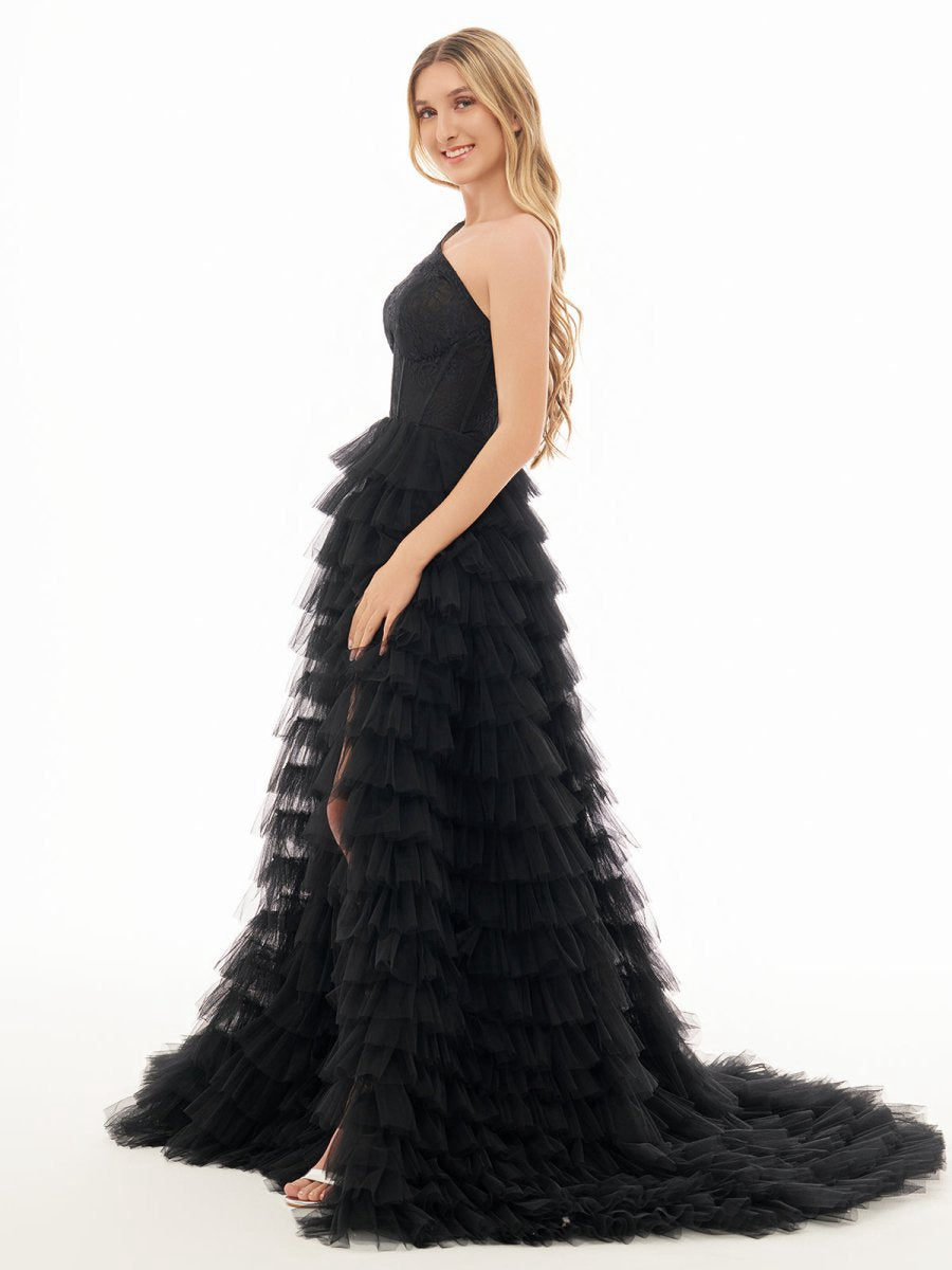 A-line One Shoulder Tie Long Prom Dresses
