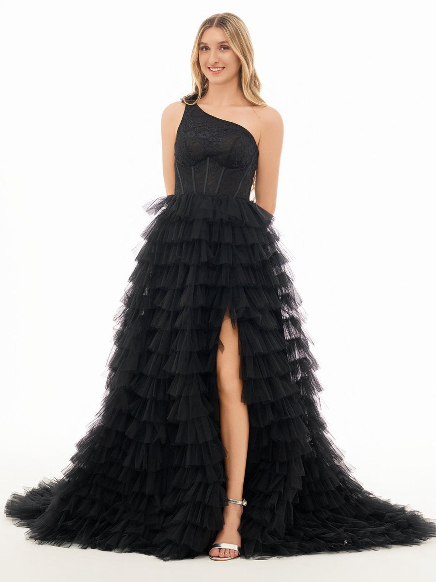 A-line One Shoulder Tie Long Prom Dresses