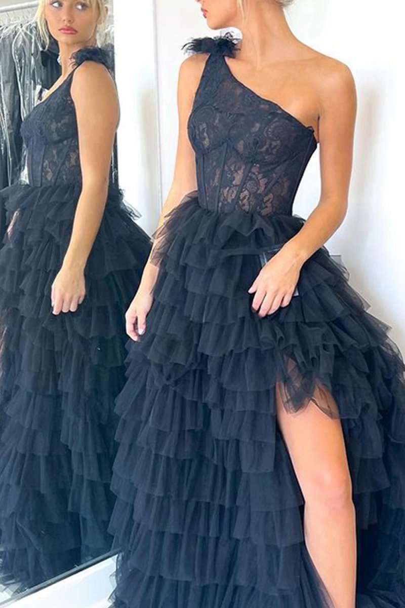 A-line One Shoulder Tie Long Prom Dresses