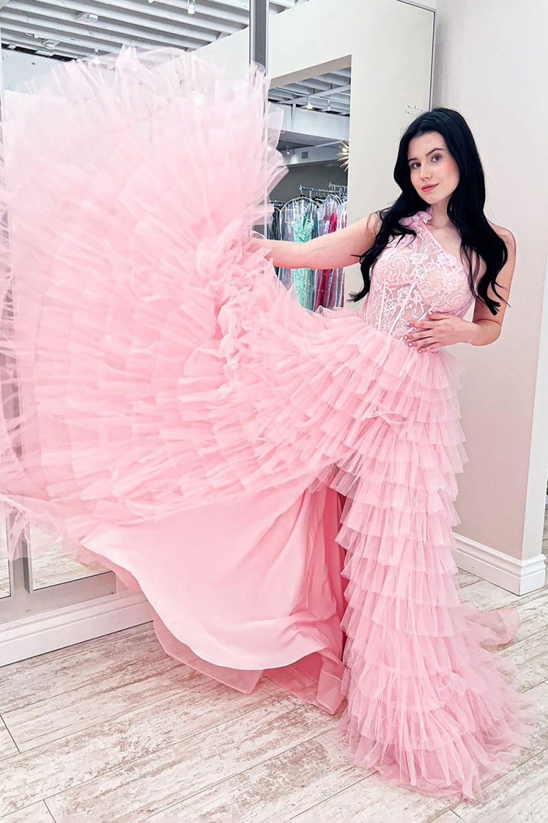 A-line One Shoulder Tie Long Prom Dresses