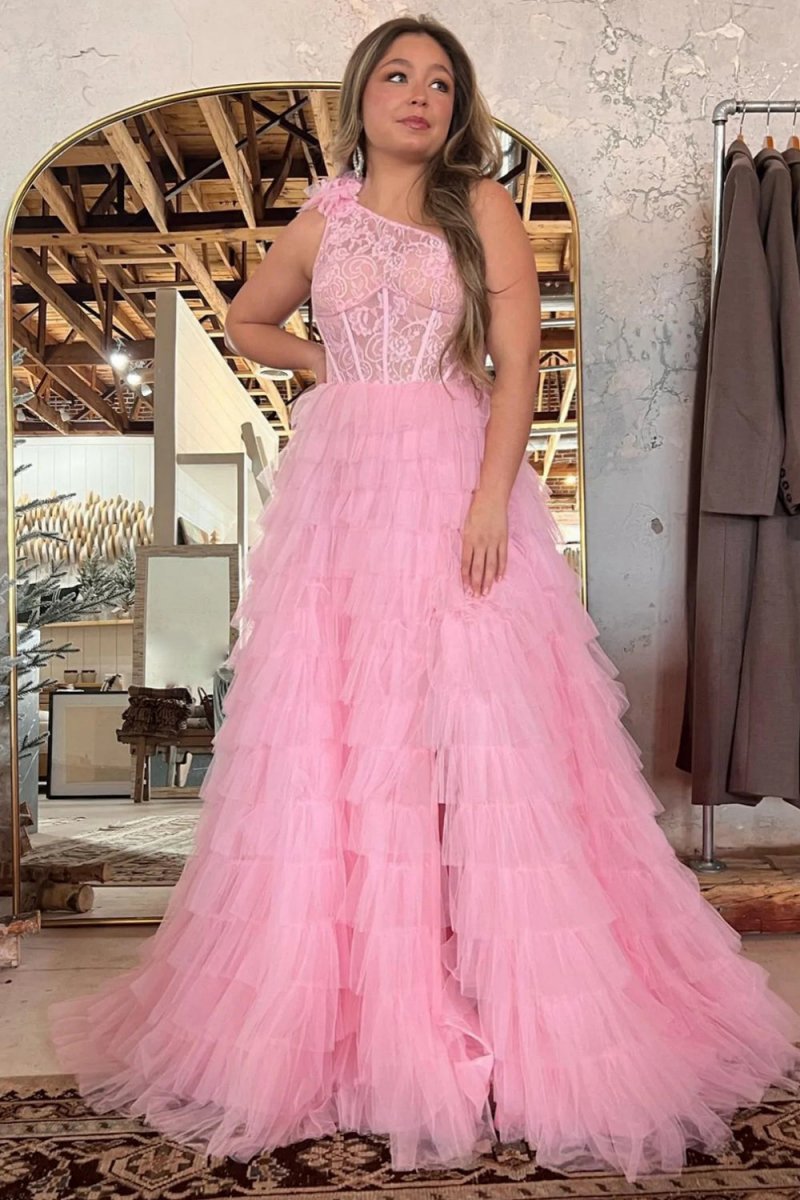 A-line One Shoulder Tie Long Prom Dresses