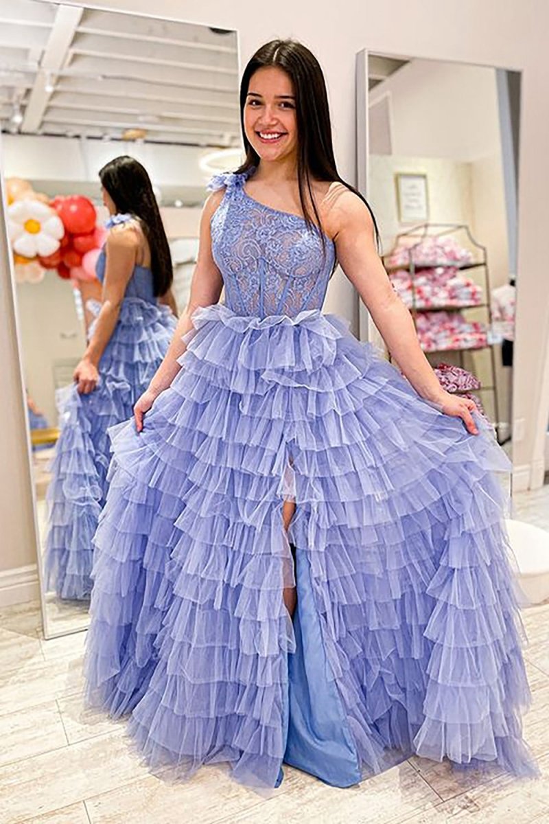 A-line One Shoulder Tie Long Prom Dresses