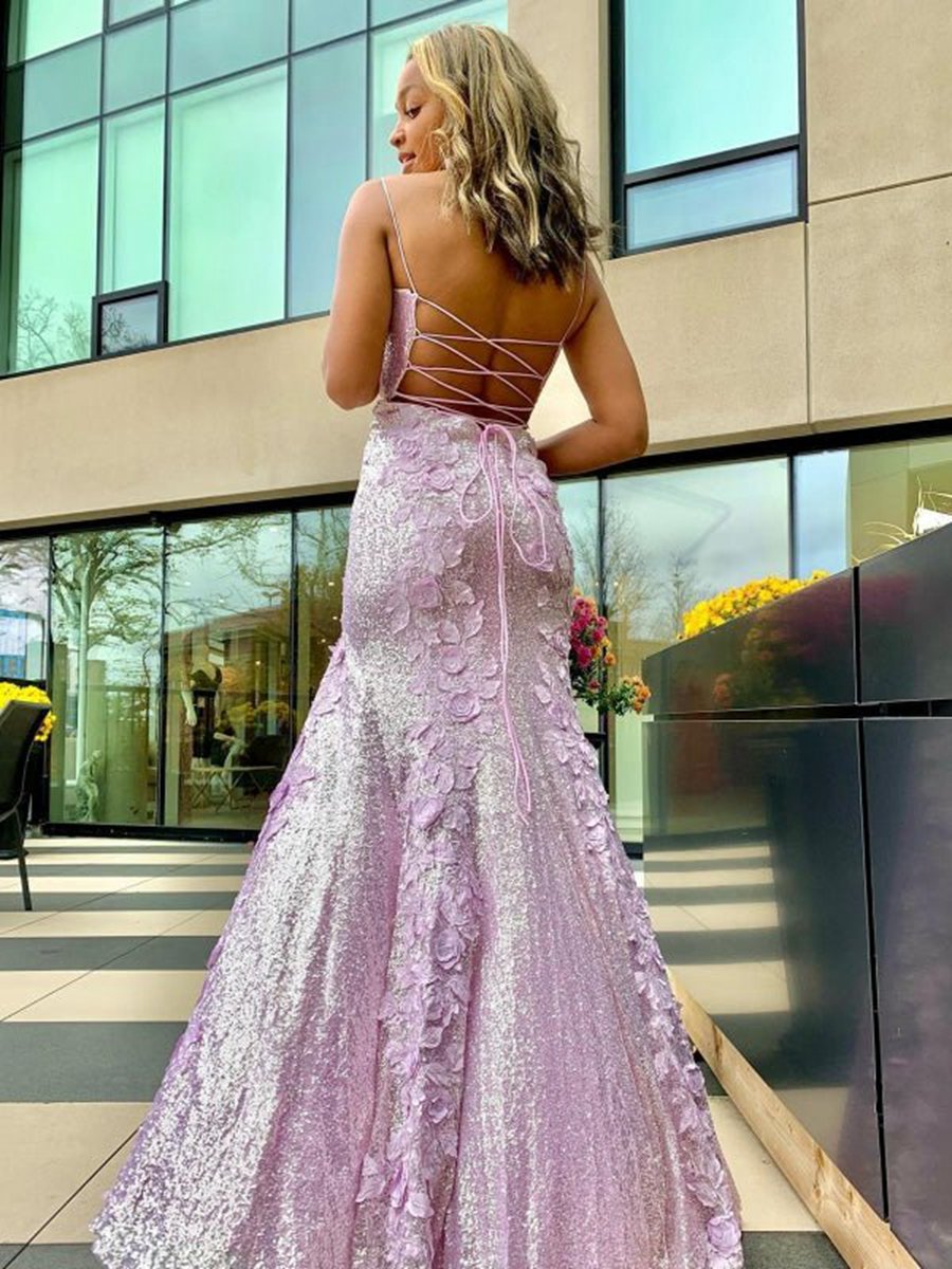 Sheath Spaghetti Straps Sequin Prom Dresses with 3D Appliques