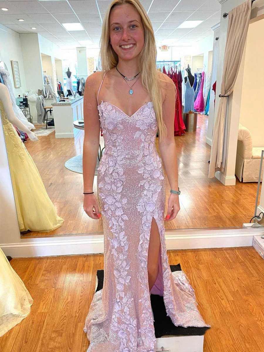 Sheath Spaghetti Straps Sequin Prom Dresses with 3D Appliques