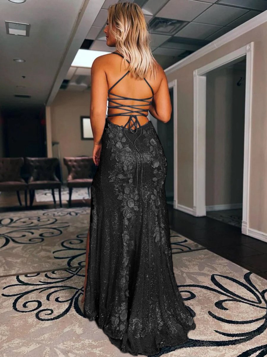 Sheath Spaghetti Straps Sequin Prom Dresses with 3D Appliques