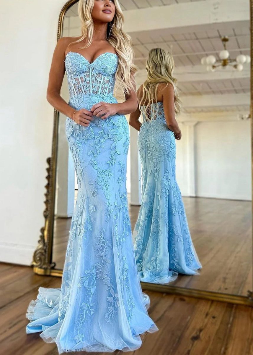 Mermaid Strapless Lace Prom Dresses with Appliques