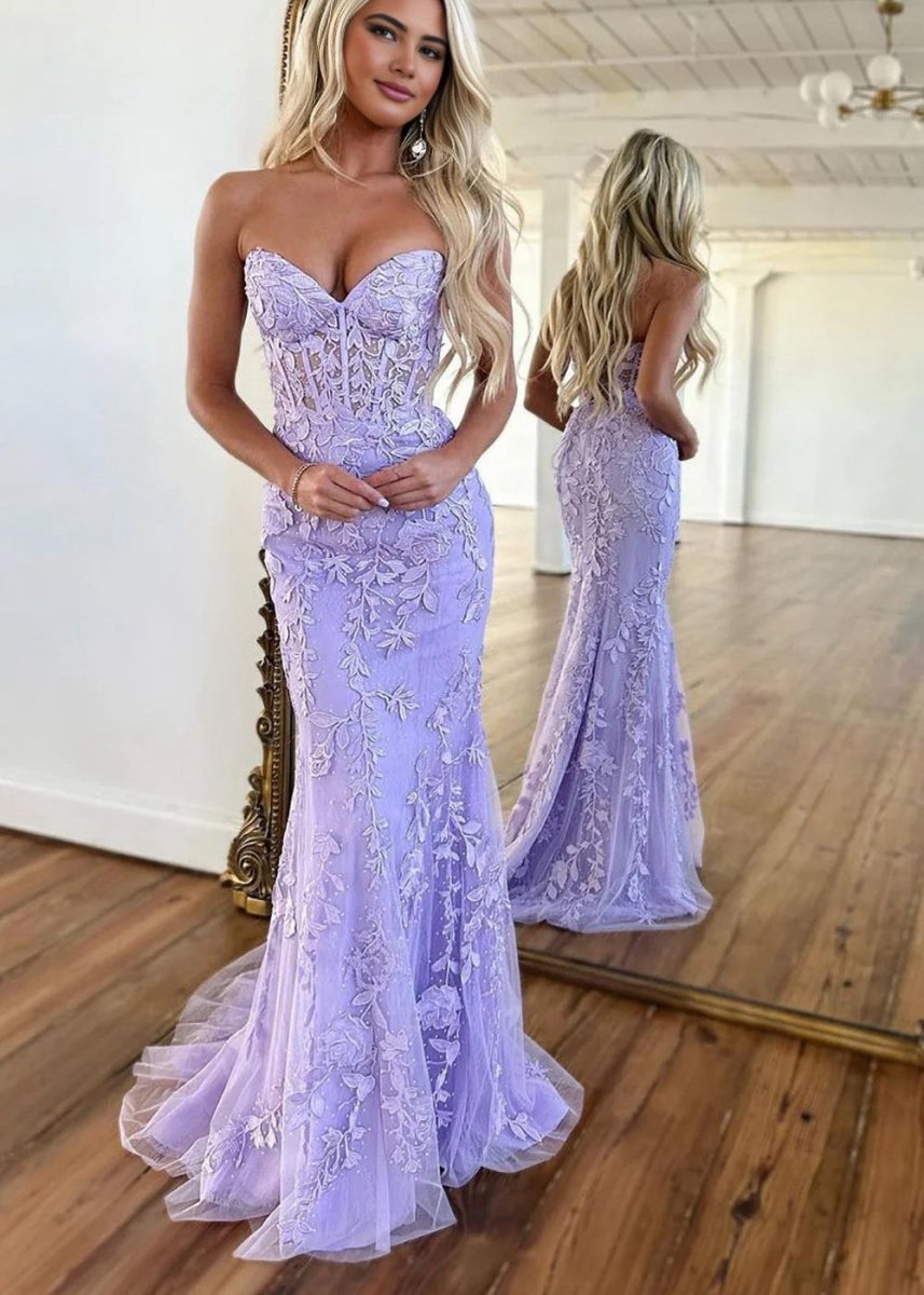 Mermaid Strapless Lace Prom Dresses with Appliques