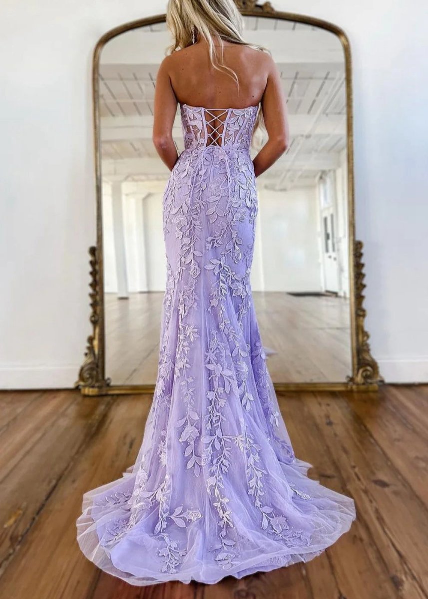 Mermaid Strapless Lace Prom Dresses with Appliques