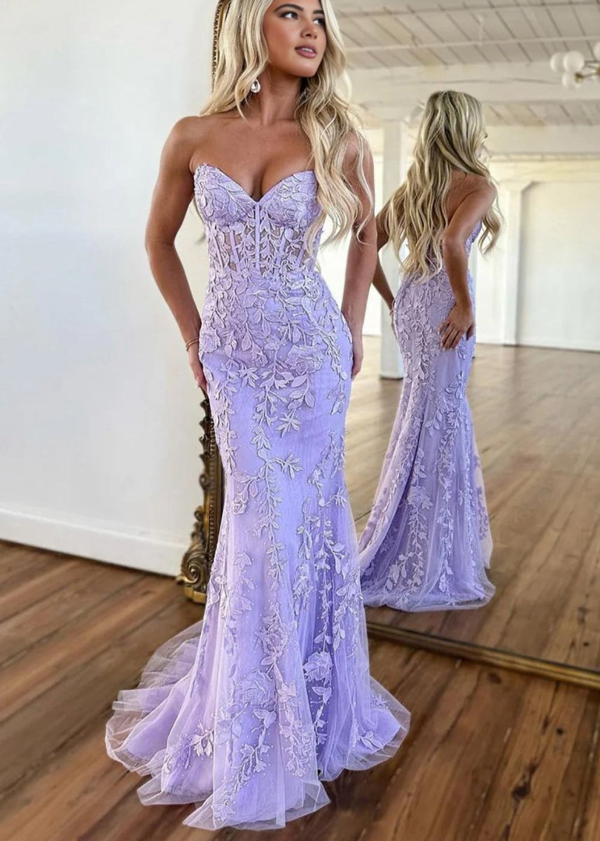 Mermaid Strapless Lace Prom Dresses with Appliques