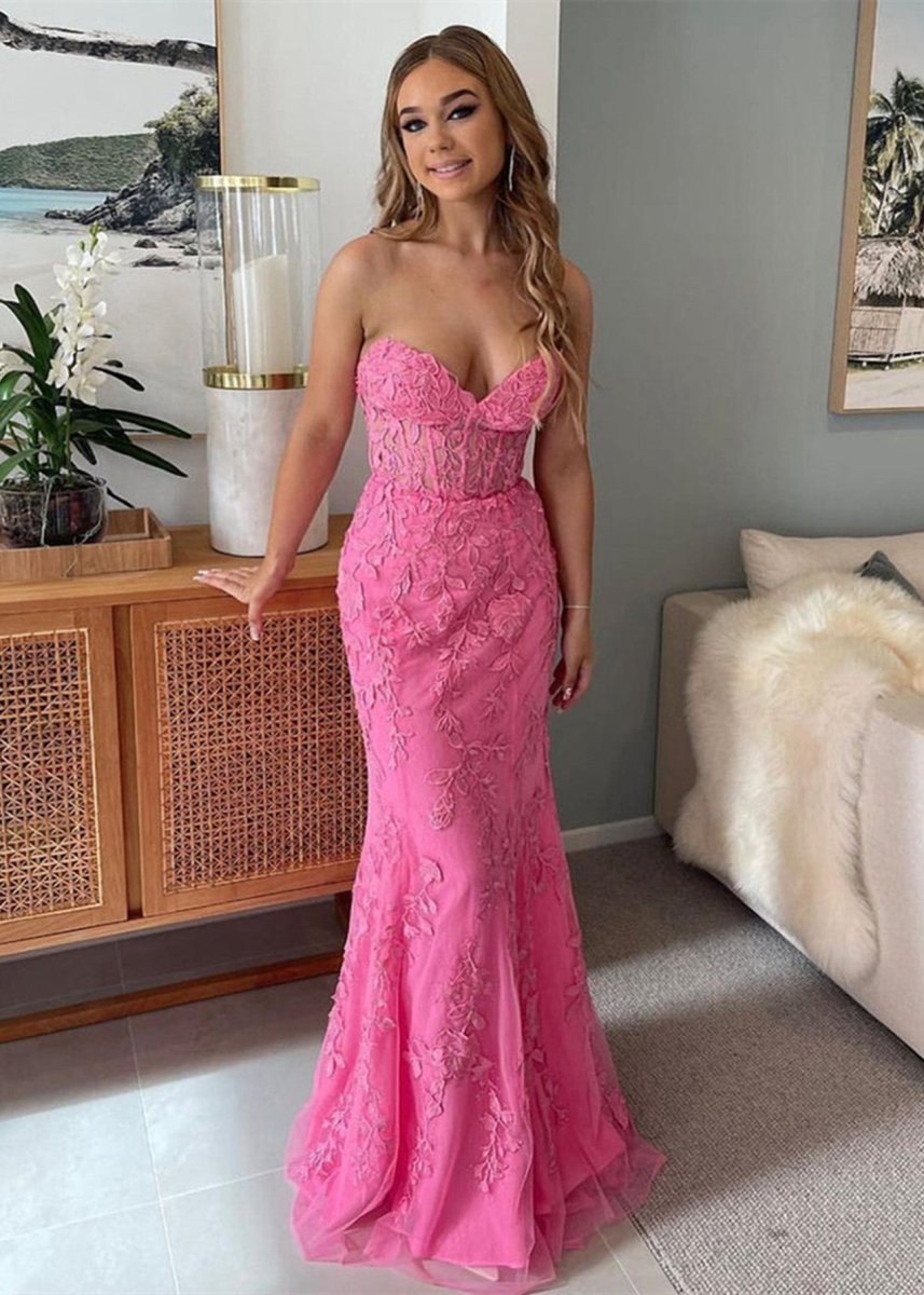Mermaid Strapless Lace Prom Dresses with Appliques