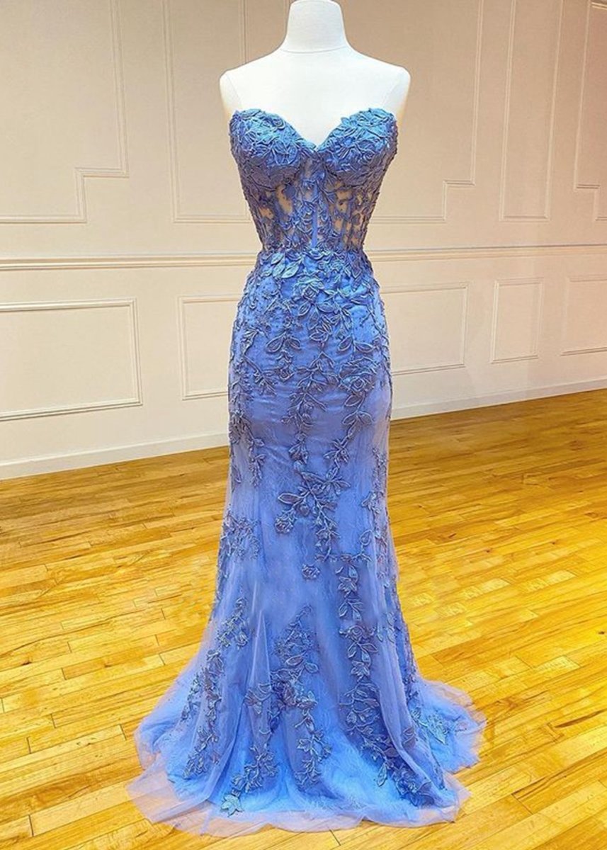 Mermaid Strapless Lace Prom Dresses with Appliques