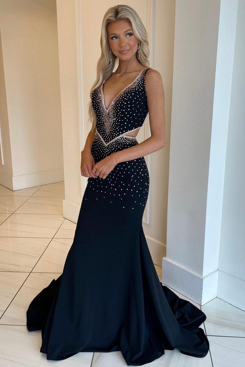 Mermaid V-Neck Beaded Jersey Prom Dresses with Beading
