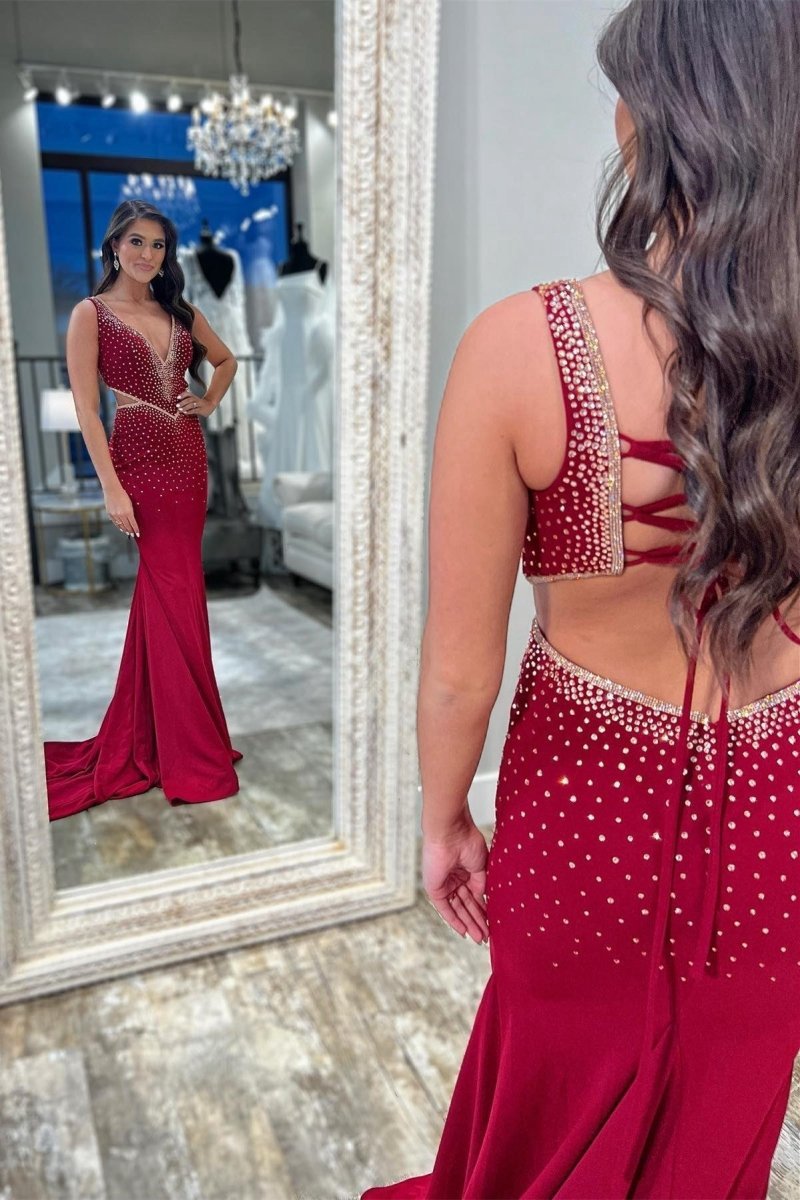 Mermaid V-Neck Beaded Jersey Prom Dresses with Beading