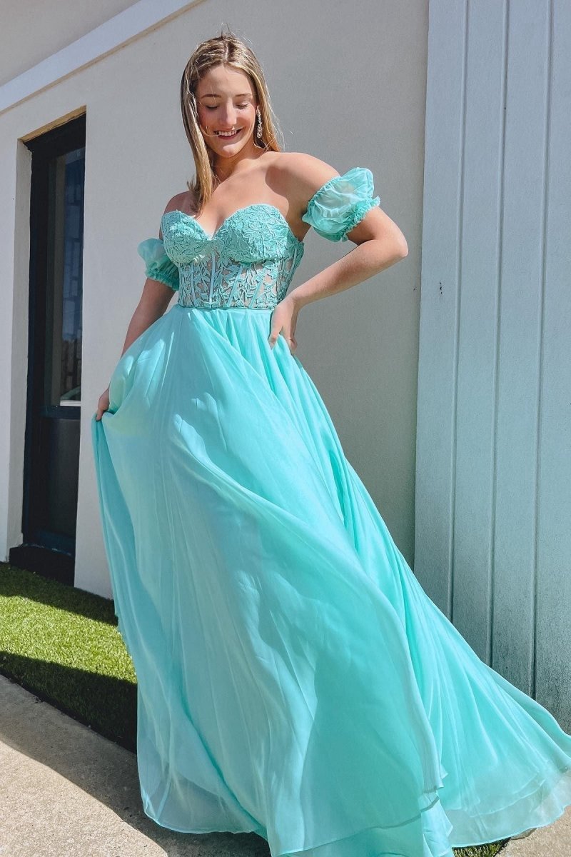 A-line Sweetheart Chiffon Prom Dresses with Puff Sleeves