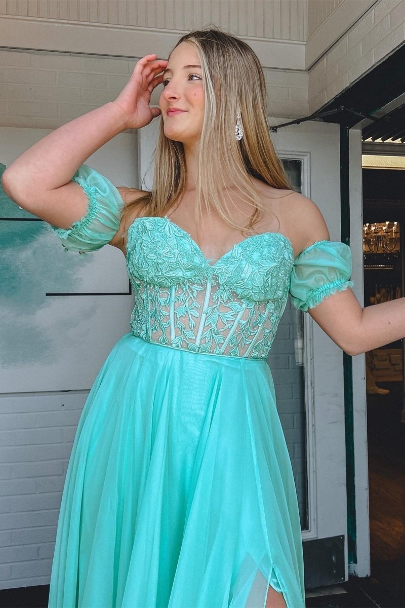 A-line Sweetheart Chiffon Prom Dresses with Puff Sleeves
