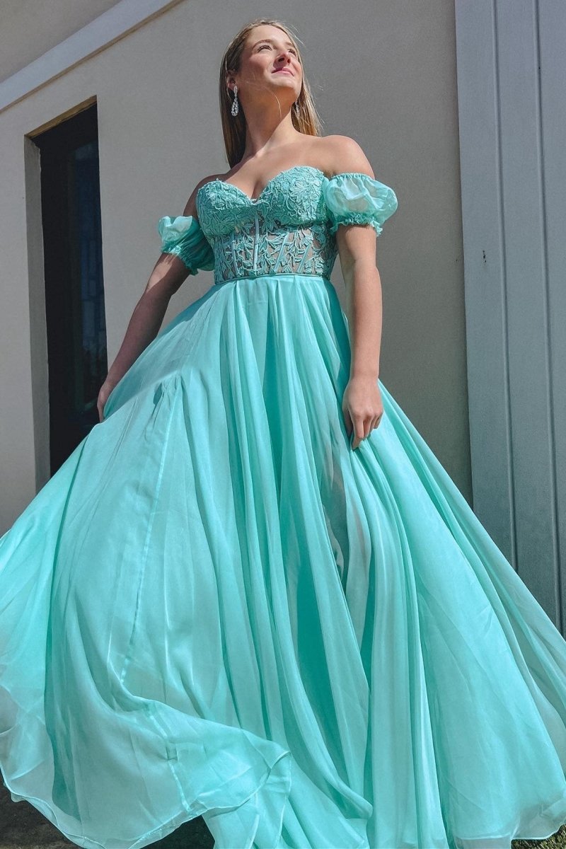 A-line Sweetheart Chiffon Prom Dresses with Puff Sleeves